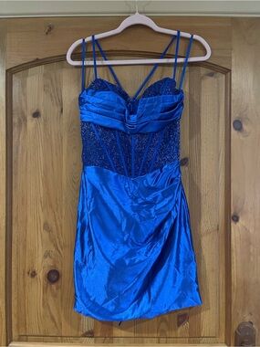 Royal Blue Beaded Satin Mini Dress with Double Crochet Straps